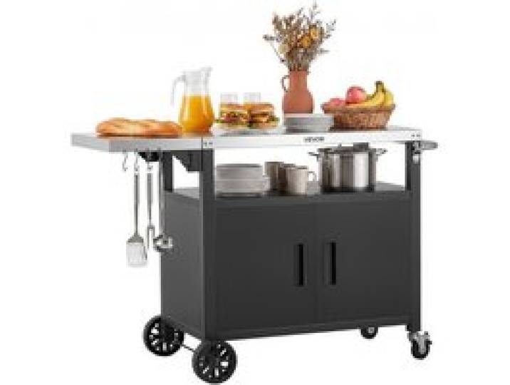 VEVOR Outdoor-Grillwagen mit Aufbewahrungsschrank, 124 cm Grilltisch mit Edelstahlplatte, Haken, Rollen und Flaschenöffner, Küchenwagen & Servierwagen für Terrasse, Garten, Bar und BBQ-Bereich