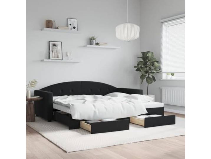 RJPLMFV 2-in-1-Tagesbett mit Ausziehbett und Schubladen, Schwarz, 90 x 200 cm