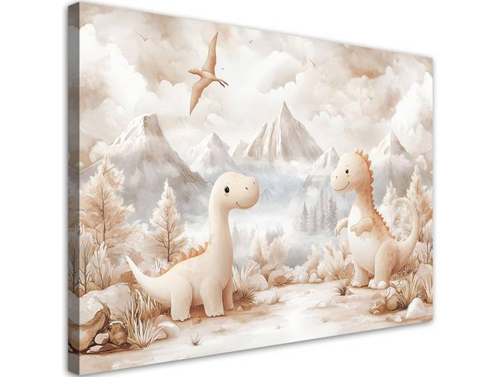 Feeby Leinwandbild für Kinderzimmer Entzückende kleine Dinosaurier Beige Landschaft 120x80cm, Rechteckig, 120x80 cm, Bilder & Rahmen, Bilder, Leinwandbilder