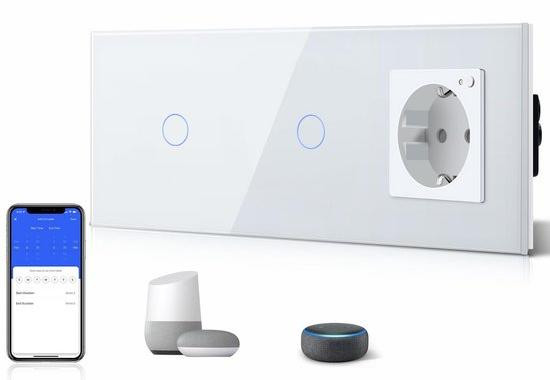 Wifi Lichtschakelaar met 16A Stopcontact en Glaspaneel - Voice Control voor Alexa en Google