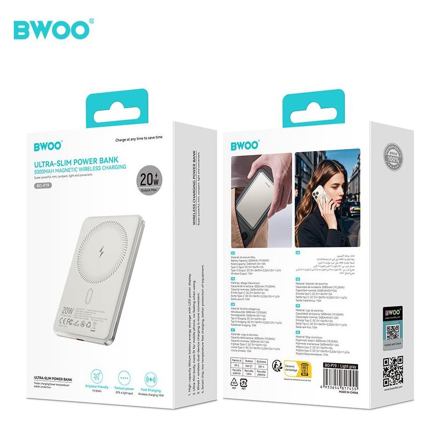 Bwoo Ultra Slim Power Bank 5000mAh mit magnetischem Laden P79 hellgrau (5000 mAh, 20 W) (67241311)
