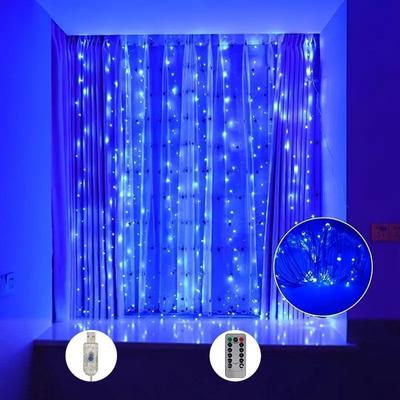 Multicon Wholesale Hub USB Powered LED Curtain String Lights With Remote Control, Modes For Bedroom And Christmas Home Decoration blue 200leds