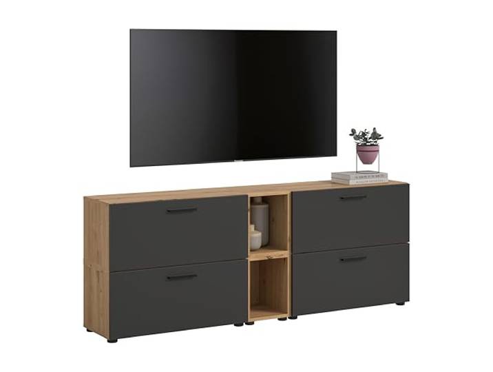xonox.home – Wohnkombination The One 176x67x34 cm in Artisan Oak und Basalt – Kompakte Wand mit 4 Klappen – 10 Fächer bieten funktionale Ablagen & EIN ansprechendes Farbschema für den Wohnbereich