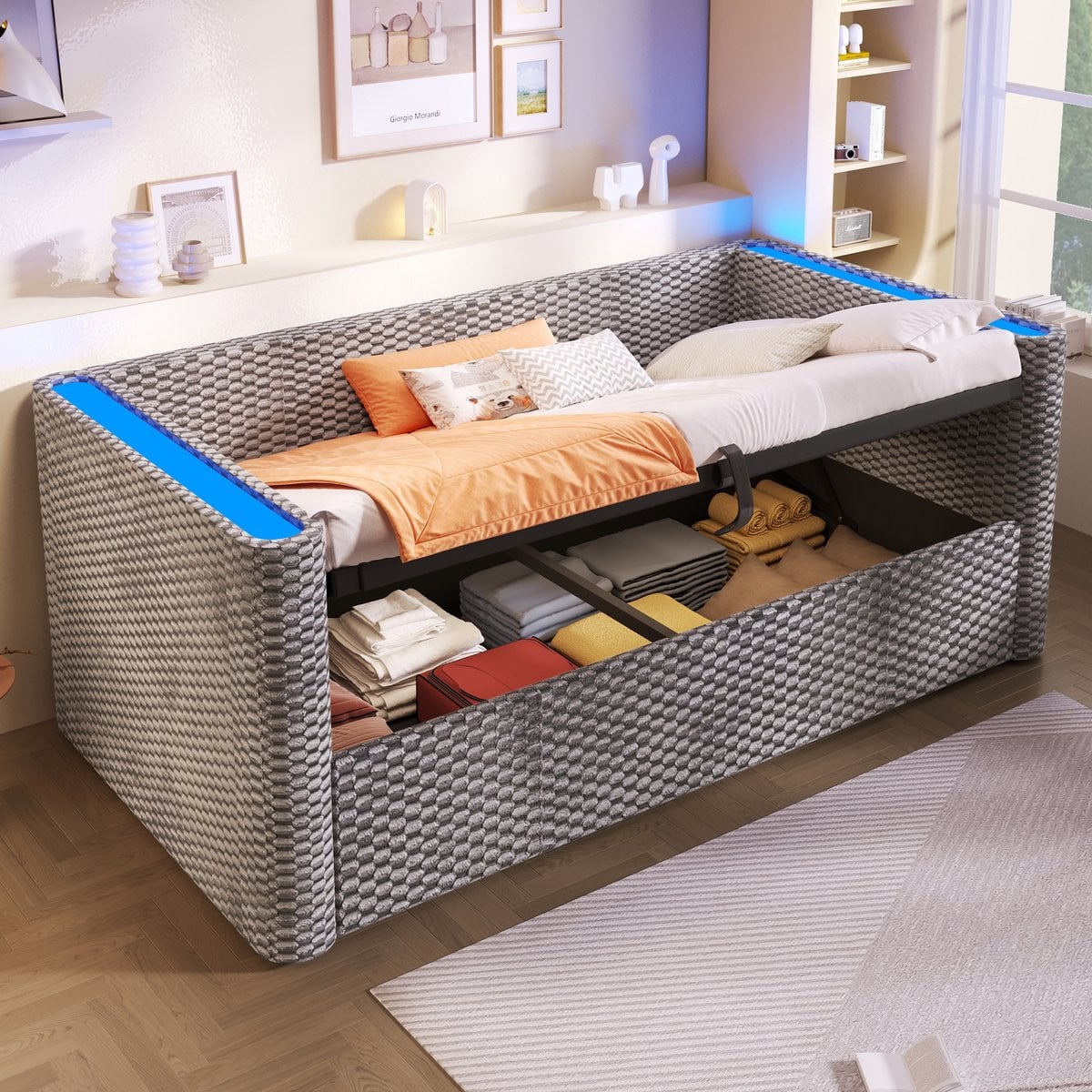 MODFU Bedframe met LED-verlichting en hydraulische opbergruimte, Velvet Grijs, 90 x 200 cm