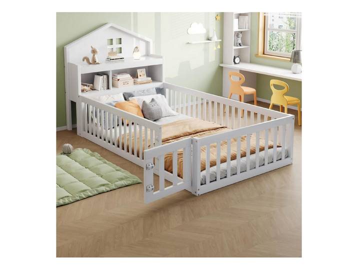 LuxusKollektion Kinderbett Bett 90x200 Massivholz mit Ablage & Staufach weiß