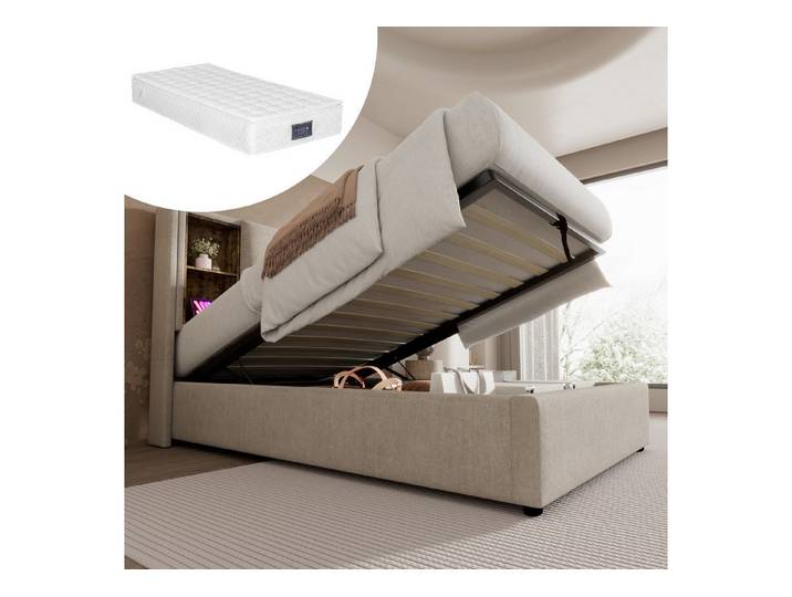 OKWISH Polsterbett Doppelbett kabelloses Laden USB-C Holzrahmen Leinen 90x200 cm (mit Lattenrost, mit Matratze,90x200cm), mit Kabellosem Laden USB C, Lattenrost aus Holz-Natürlich Leinen
