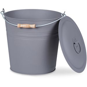 Relaxdays Ascheeimer 10033833, grau, mit Holzgriff und Deckel, aus Metall, feuerfest, rund, 12 Liter