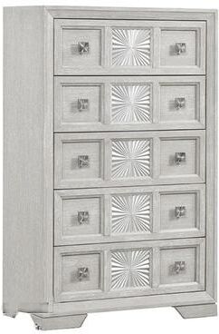 Benjara Diaz Tall Dresser Chest, 5 Drawers, Sunburst Metal Design, Light Gray