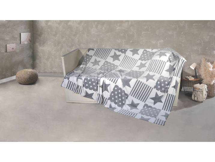 Wohndecke KINZLER Mikrofaser XXL Sterne-Karo , grau (weiß, grau), B:220cm L:240cm, Polyester, Wohndecken, Wohndecke, Kuscheldecke, Patchwork Design, Sterne, 220x240 cm
