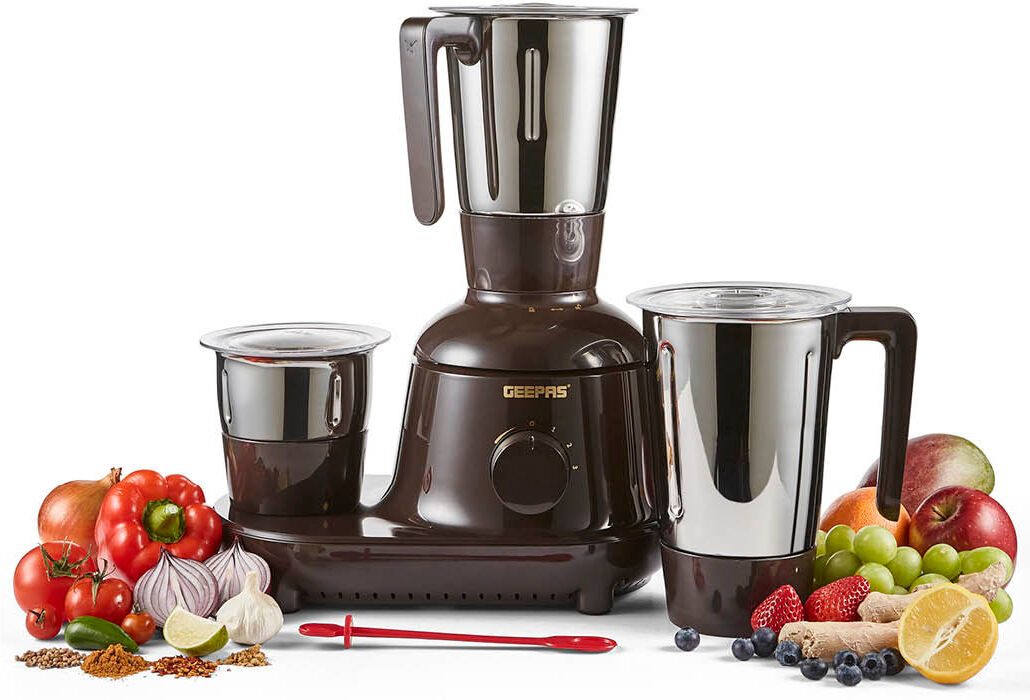 GEEPAS 750W 3-in-1 Mixer Grinder   Stainless Steel Jars, Blades   3 Speed Control, Perfect for Chutney, Dry & Wet Fine Grinding Mixing, Safety Twist L Brown 1.5ml