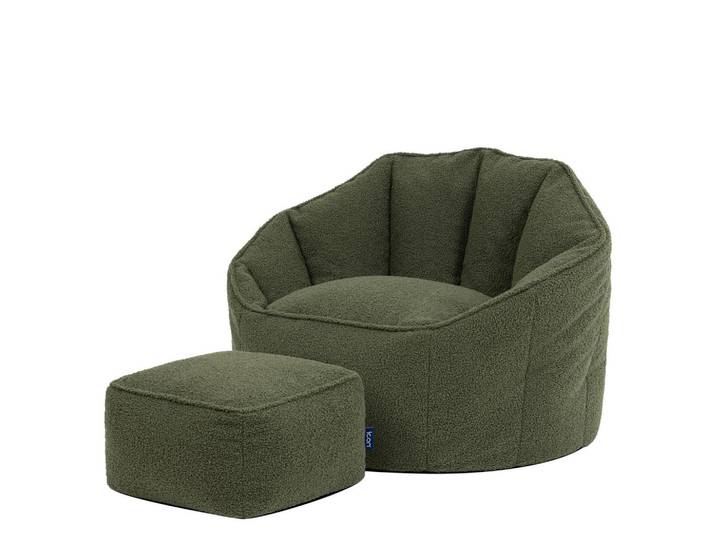 icon Sitzsack mit Hocker aus Boucle Sirena, Olivgrün, 170 L, Rund, 77x64x74 cm, Wohnzimmer, Sessel, Sitzsäcke, XXL Sitzsäcke