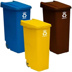 WellHome – Pack 3 110-Liter-Mülleimer, ideal zum Recycling, in Blau, Braun und Gelb