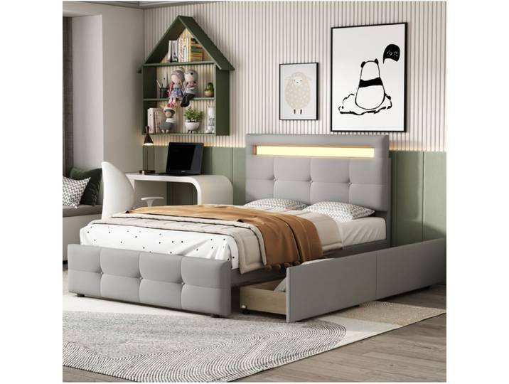 ULEVR Lit rembourré gris 90x200 cm avec LED 2 tiroirs sommier à lattes tête de lit réglable