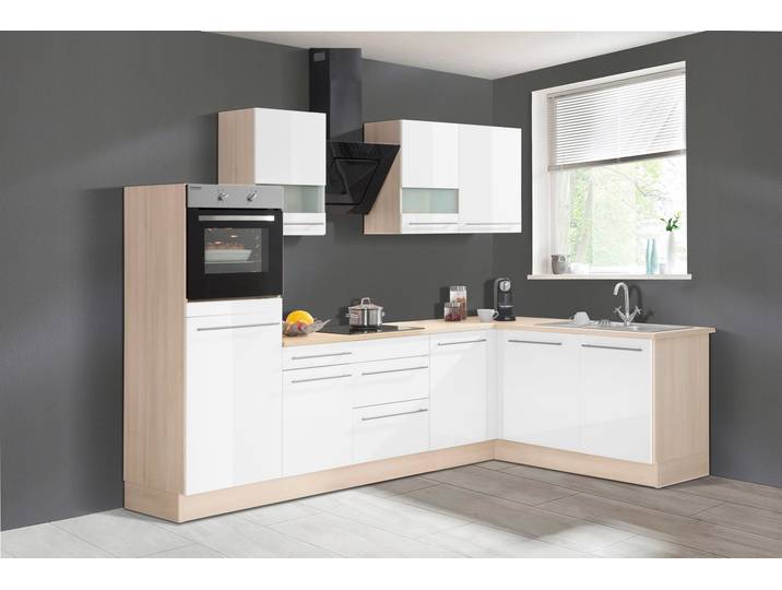 Winkelküche, Spanplatte, Weiß Hochglanz & Akaziefarben, 285×60 cm, Komplettset, OPTIFIT Bern