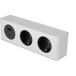 kalb   3-fach Steckdosenleiste zur Montage, 2x 230V und 2x USB Steckdosen, 200x46x62.5 mm, Anschlusskabel mit Stecker, silber