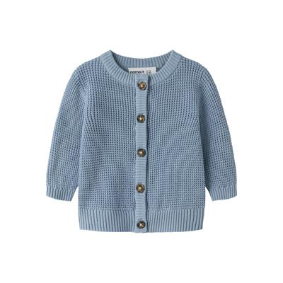 Strickjacke NAME IT "NBNBUBBA LS KNIT CARD NOOS", Mädchen, Gr. 80, blau (ashley blau), Strick, Obermaterial: 100% Baumwolle, unifarben, regular fit normal, Rundhals, Rippbündchen, Strickjacken Strickjacke, in dezent strukturierter Qualität