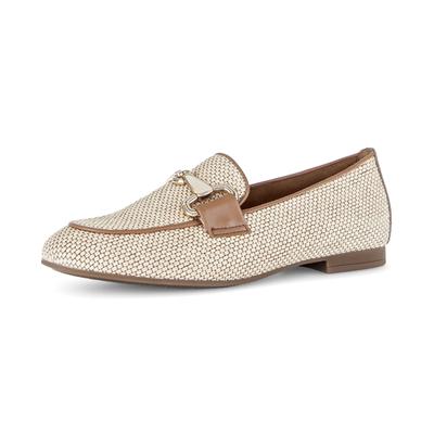 Slipper GABOR, Damen, Gr. 39, natur, nougat, Leder, Textil, Schuhe Slipper, Blockabsatz, Businessschuh, Ballerina mit goldfarbenem Schmuckelement