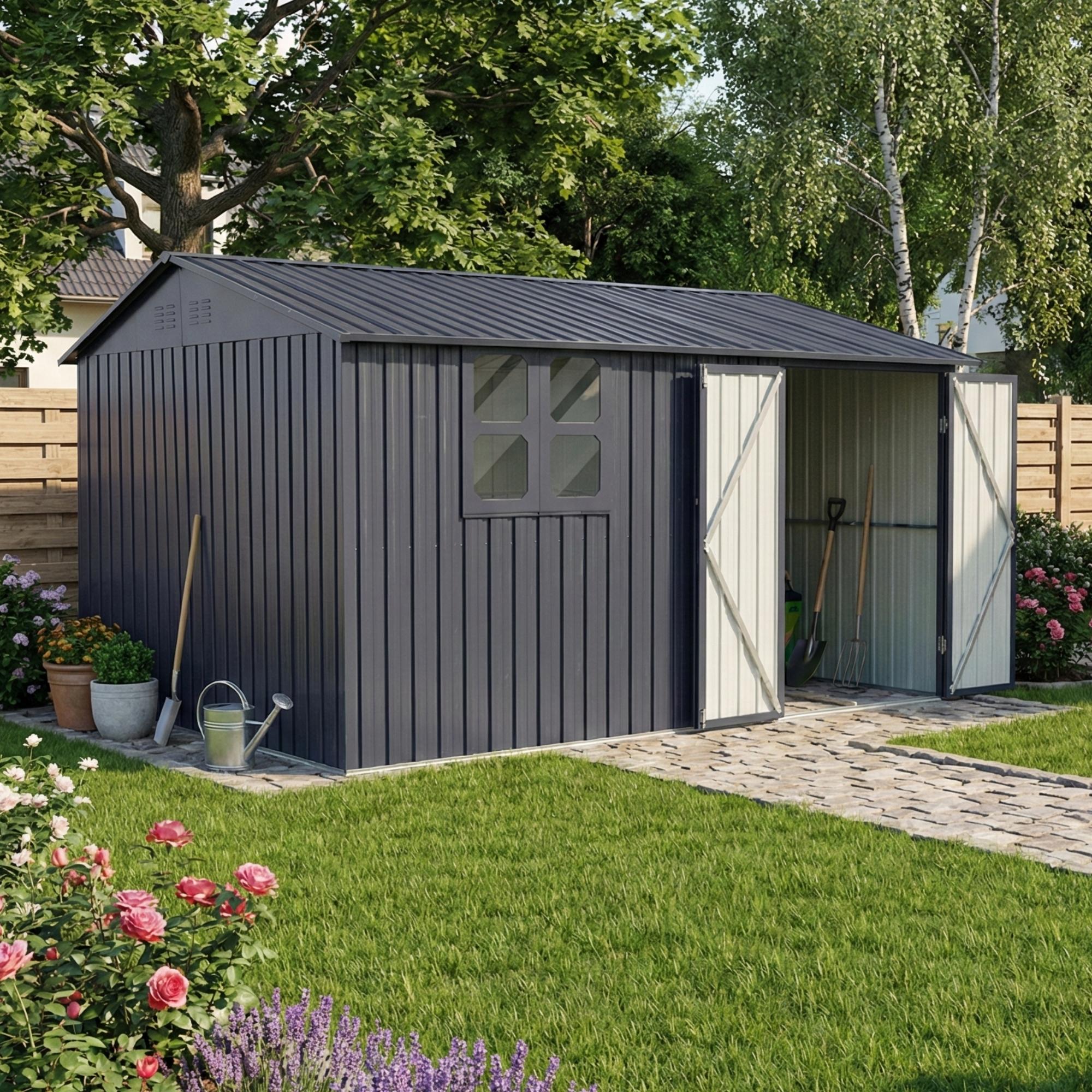 Albatros Profi Gerätehaus XXXL - verzinktes Metall in Anthrazit (RAL 7016) | 371x304x201cm (22,6m³) | Inkl. Schloss & Werkzeughaken | wetterfest