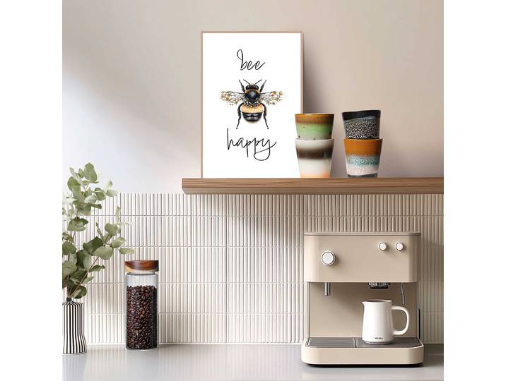 Kunstdruck Bee Happy MDF - Mitteldichte Holfaserplatte Gelb/Schwarz/Weiß 20 x 30 x 1cm