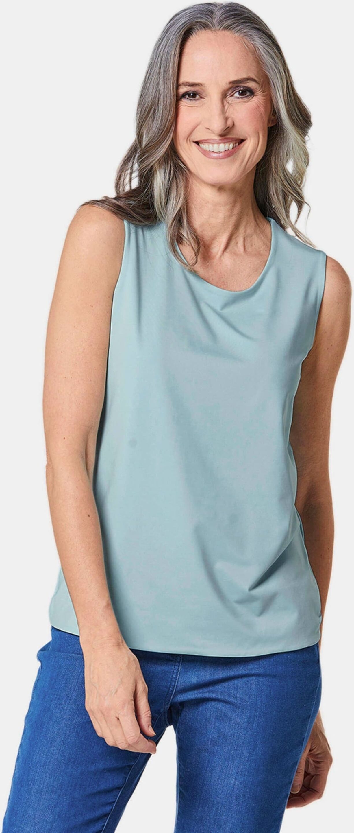 Trägertop GOLDNER "Kurzgröße Gepflegtes Top in formstabiler Ware", Damen, Gr. 24, schwarz (bleu), Obermaterial: 82% Polyester PES. 18% Elasthan EL., Rundhals, Sonstiges, Tops Trägertop, ohne