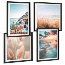 BILDER SET 4er Set - 50x50 cm & 40x60 cm Schwarzer Rahmen - Sonnenuntergang am Meer, Häuser, Blumen