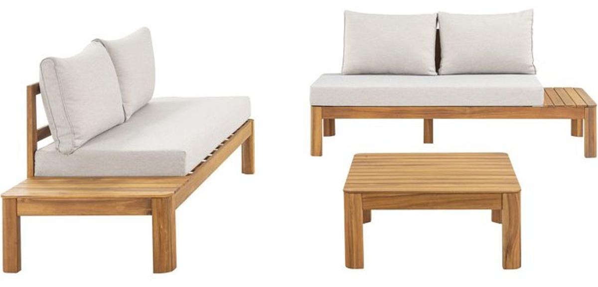 SANA Outdoor-Lounge-Set für 4: 2 Akazien-Bank-Couchen hellgraue Kissen & rechteckiger Couchtisch, geölt