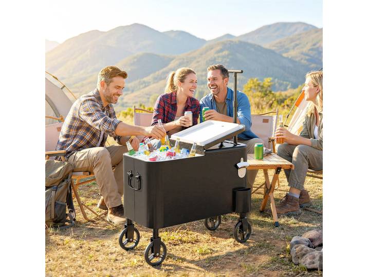 Outsunny Chariot Réfrigérant 56L Noir avec Roues et Ouvre-Bouteilles