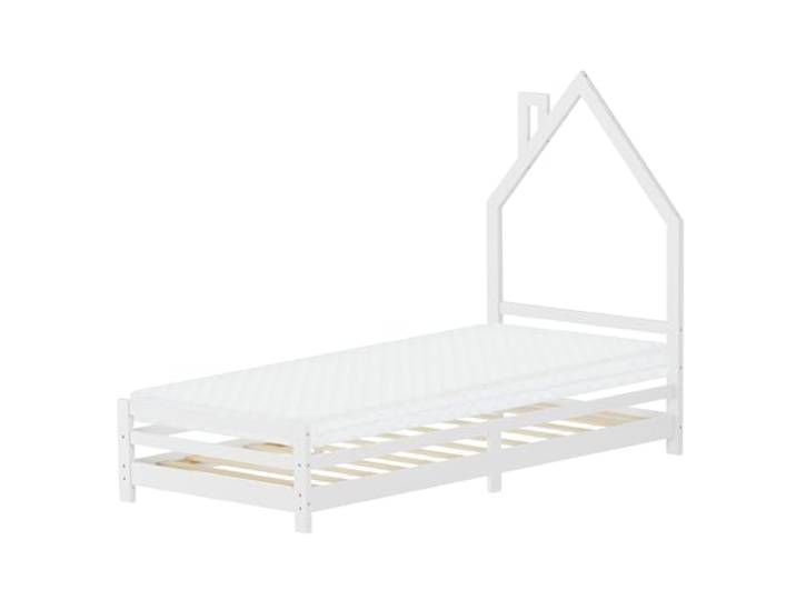 ML-Design Kinderbett Haus 90x200 cm Weiß mit Matratze H:10cm, Hausbett für Kinder, Holzbett mit Lattenrost, Schornstein Design, Jugendbett aus massivem Kiefernholz, Bettgestell für Jungen und Mädchen