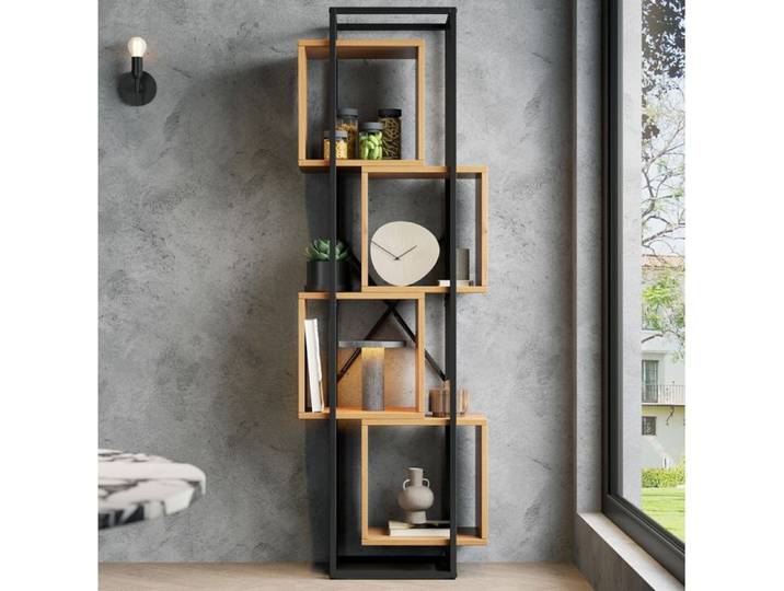 COVREO Étagère bibliothèque sur pied 59x30x180 cm 4 étagères ouvertes métal et MDF noir et bois