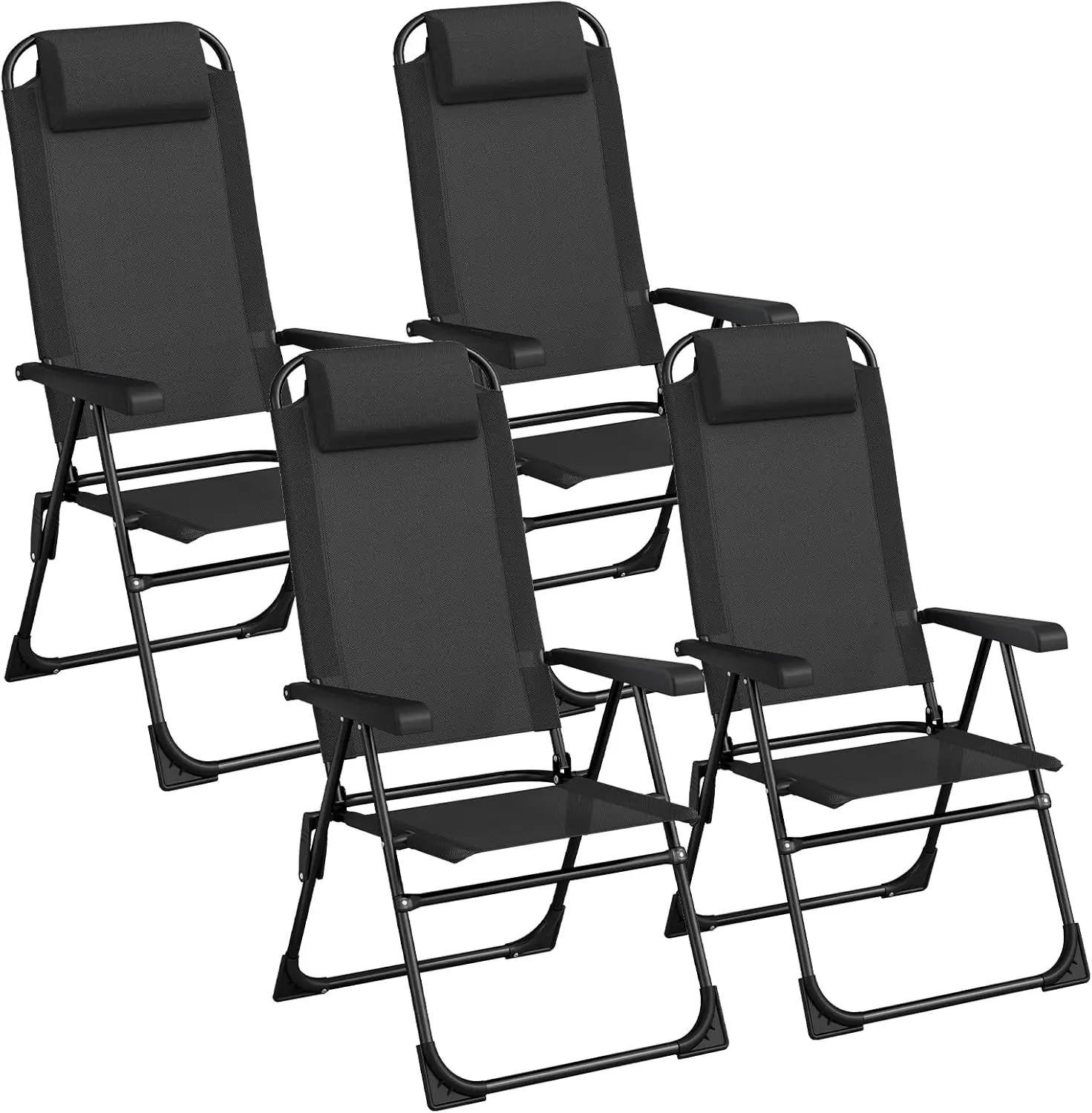 Klappbare Gartenstühle - 4er-Set - 5-fach verstellbare Rückenlehne - Hohe Rückenlehne mit Kopfstütze - Eisenrahmen - Für Außenbereich - Schokobraun