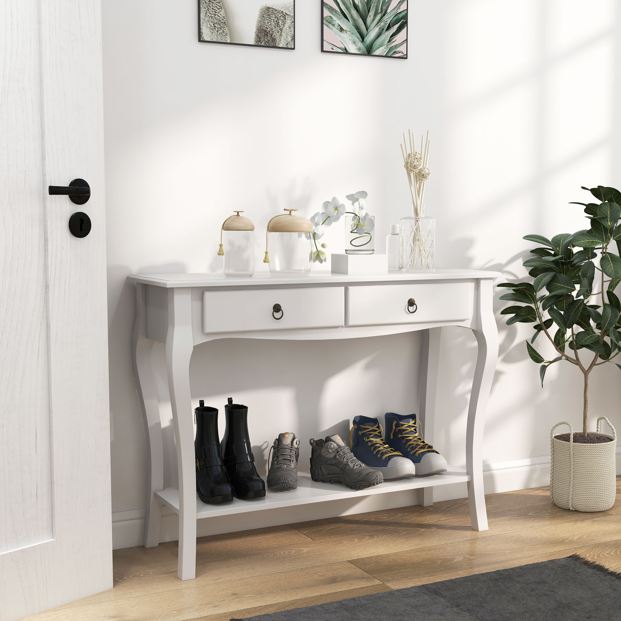 Homcom Tavolo Consolle per Ingresso con 2 Cassetti, Mobile Ingresso tavolo da ingresso, Bianco, 100x33x76cm Aosom