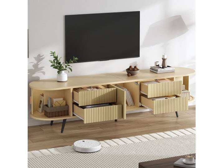 Meuble TV Ovale En MDF Bois Meuble TV Design FloraGrace Pour Salon Avec 4 Tiroirs Et Porte Roulante 180x40x45cm