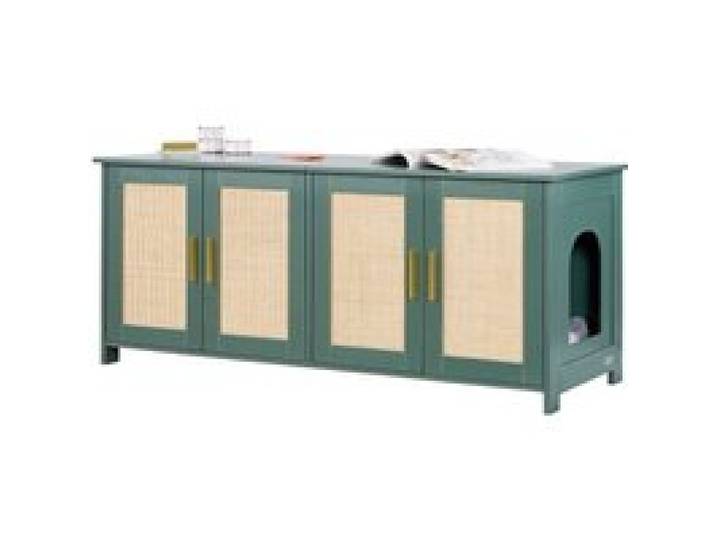 VEVOR Meuble Bac à Litière Chat Armoire Cache Maison de Toilette Chat Intérieur, avec 4 Portes Rotin et 2 Entrées, Niche Cache-litière Bois, pour la Plupart Bacs à Litière Chats, 120x45x50 cm, Vert