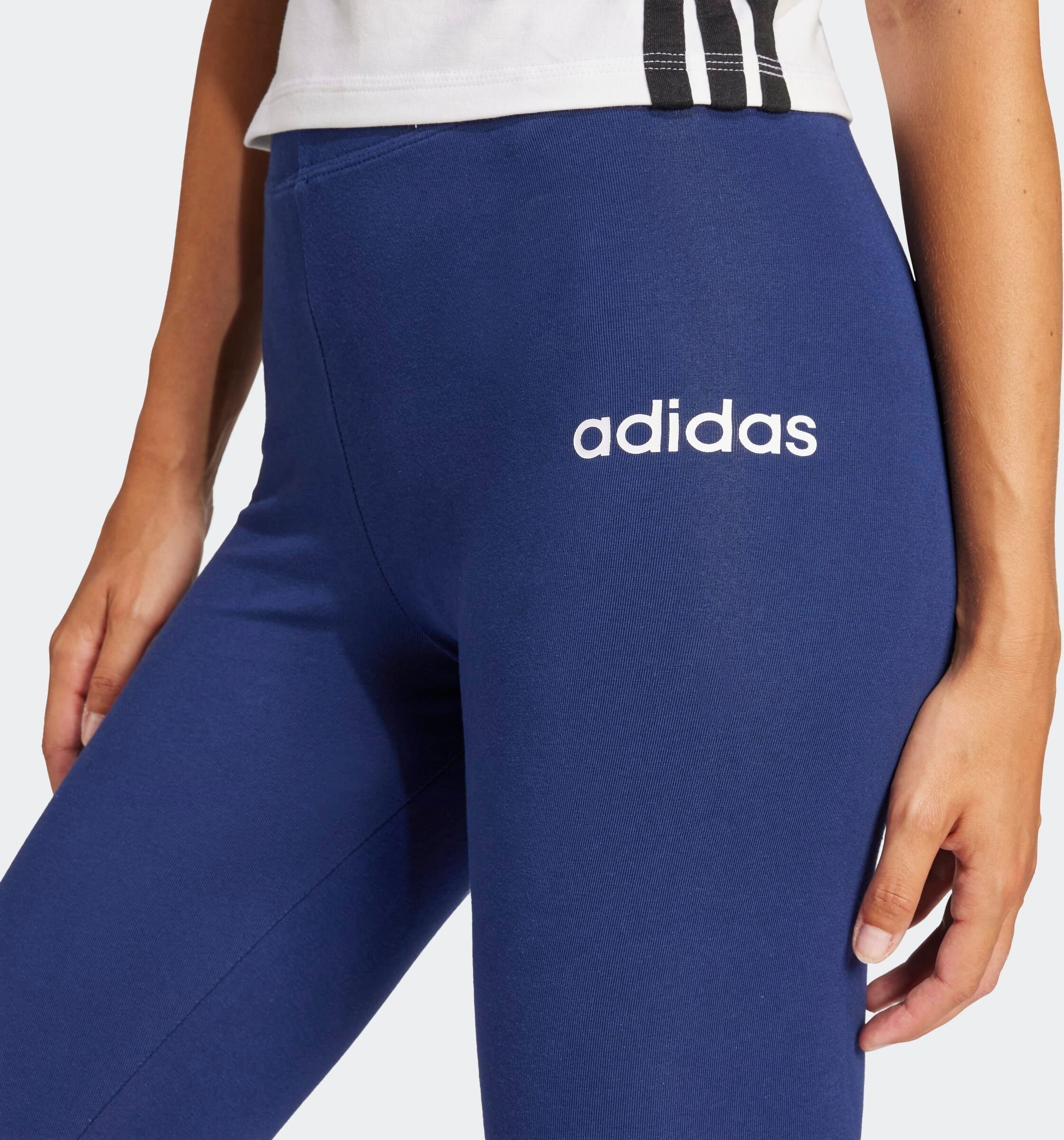 Trainingstights ADIDAS SPORTSWEAR "ESSENTIALS LINEAR COTTON", Damen, Gr. M, N-Gr, blau (dunkelblau, weiß, normal, gr.), Obermaterial: 90% Baumwolle, 10% Elasthan, Hosen Trainingstights dunkelblau, weiß, normal, gr. M, N-Gr