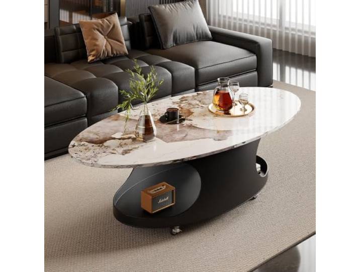Moderner ovaler Couchtisch mit Rollen und Tischplatte aus Sinterstein Moderner Couchtisch aus Sinterstein mit Stauraum – Premium-Mittelpunkt für exklusive Lounges(C,100cm/39.4in)