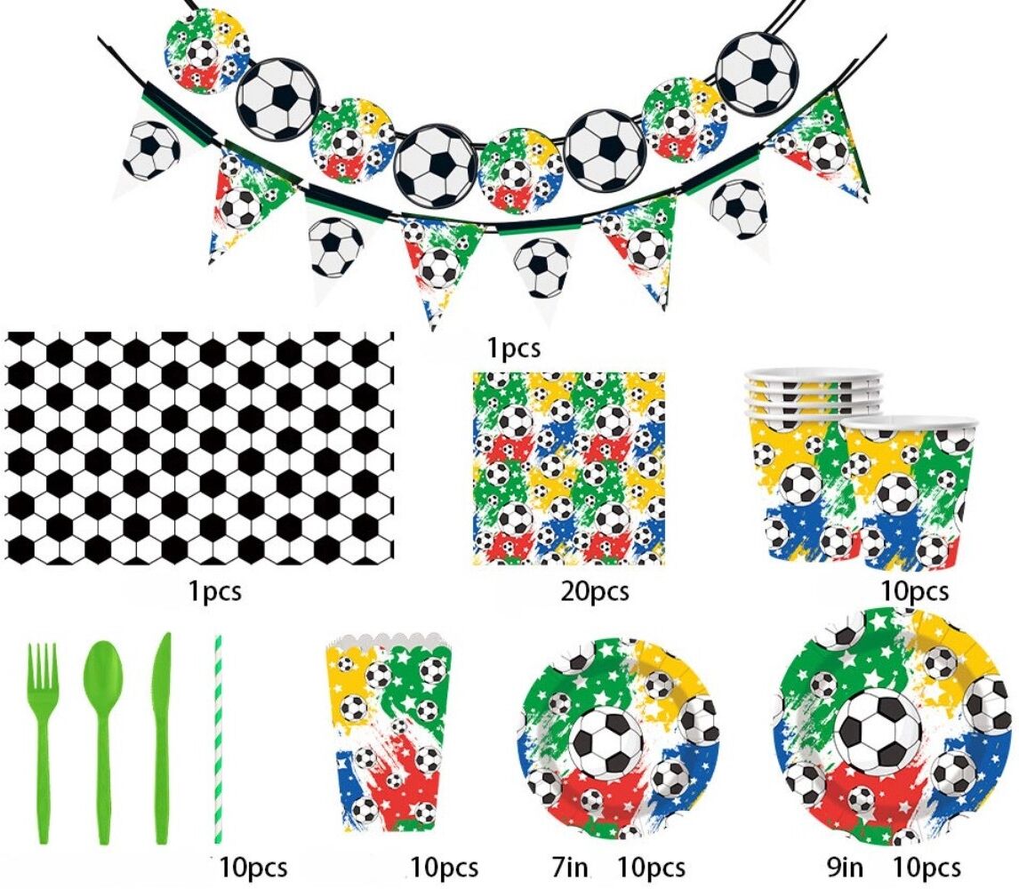 INF 11-teiliges Weltmeisterschaft-Party-Tischset – Komplettes Einweg-Set in Türkis mit Fußball-Motiv für ca. 10 Personen