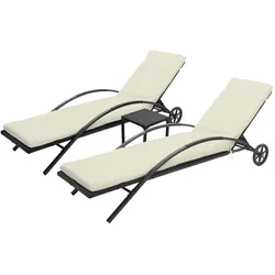 2er-Set Sonnenliege MCW-E27, Relaxliege Gartenliege, Poly-Rattan ~ schwarz, Kissen creme-beige