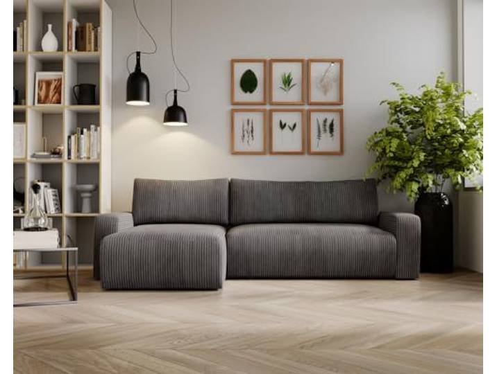 Kaiser Möbel, Ecksofa mit schlaffunktion, mit Bettkasten, Schlafsofa Argon, Designer Sofa, Modern Design Couch, Polsterecke, Freistehend, Zoom Stoff- Dicker Cord Dunkelgrau Ottomane Links