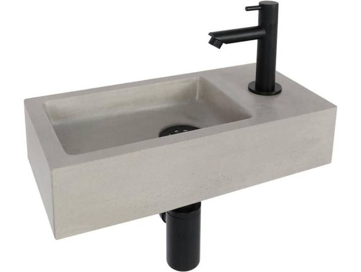 Differnz Jukon lavabo à poser 38\,5x18\,5x9 cm - lavabo salle de bain en béton gris clair - avec robinet salle de bain en noir mat - lavabo avec poignée standard pour WC invités