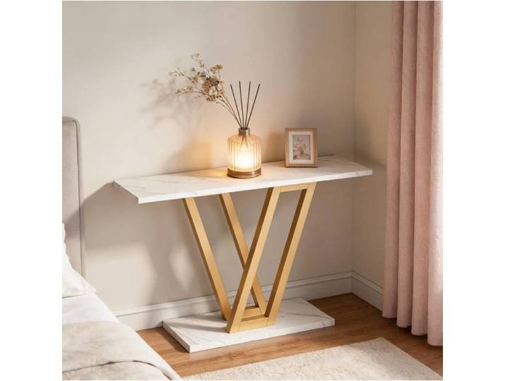 Table Console d'Entrée Dorée à Effet Marbre - Design Fin et Minimaliste 110x30x80 cm