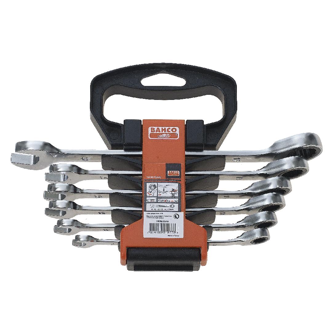 Bahco Metrischer Knarren-Ring-Maulschlüssel-Satz - 6-teilig/Kunststoffhalter (10 mm, 12 mm, 13 mm, 14 mm, 17 mm, 8 mm) (1RM/SH6)