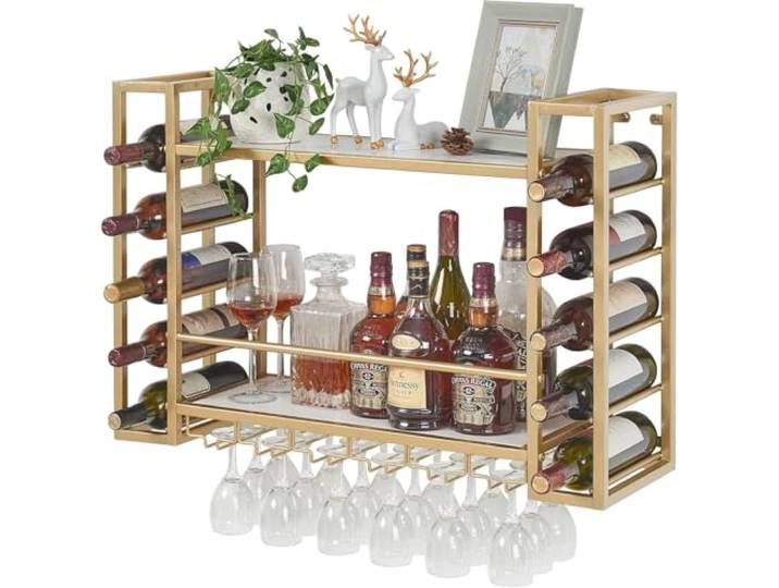 LIUCHUCHU Kreatives Weinregal Weinregal mit Glashalter, an der Wand montierter Flaschenhalter aus Metall, Weinaufbewahrungsregal for die Hausbar, 31,5-Zoll-Weinständer(Gold)