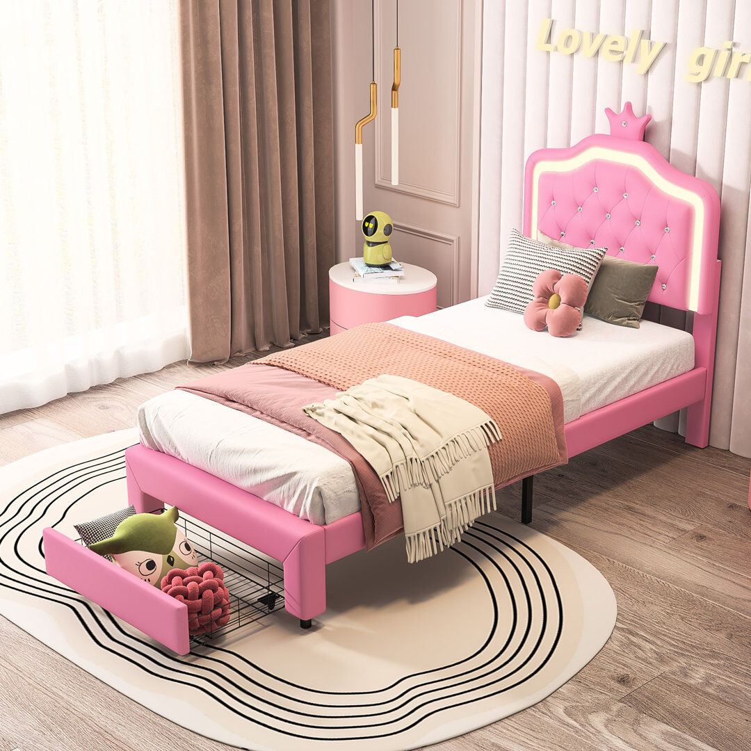 Harriet Bee Upholstered Faux Leather Drawers Bed Pink Single (3')
