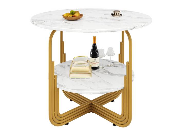Okwish Esstisch rund 80/80/76 cm Gold MDF in Marmoroptik mit Ablage, Goldfarben, 80x76x80 cm, Esszimmer, Esstische