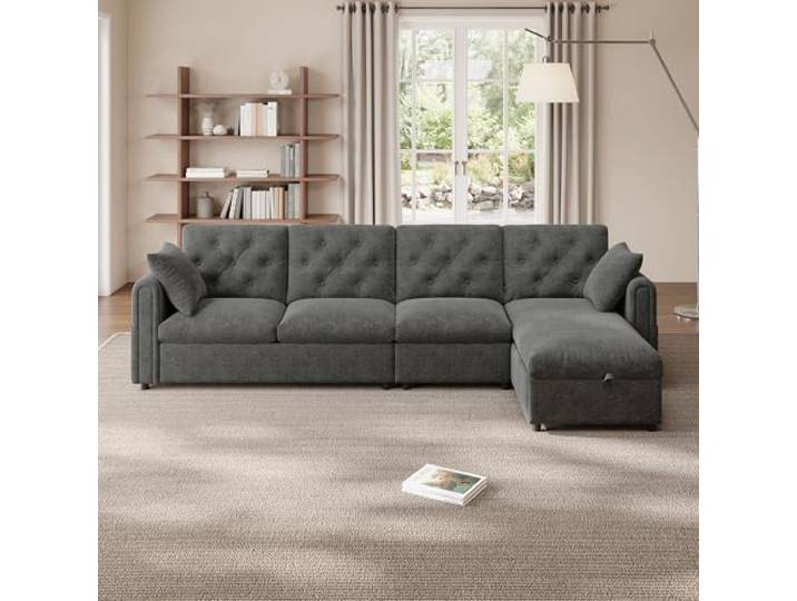 Moderns Samt sofa mit Stauraum im Eckbereich ,L-förmiger Stauraum im Eckbereich links und rechts verstellbar,Seitliche Armlehnen mit Magazintaschen, Rückenlehne mit Knopfheftung. Grau. (281×86×71 cm)