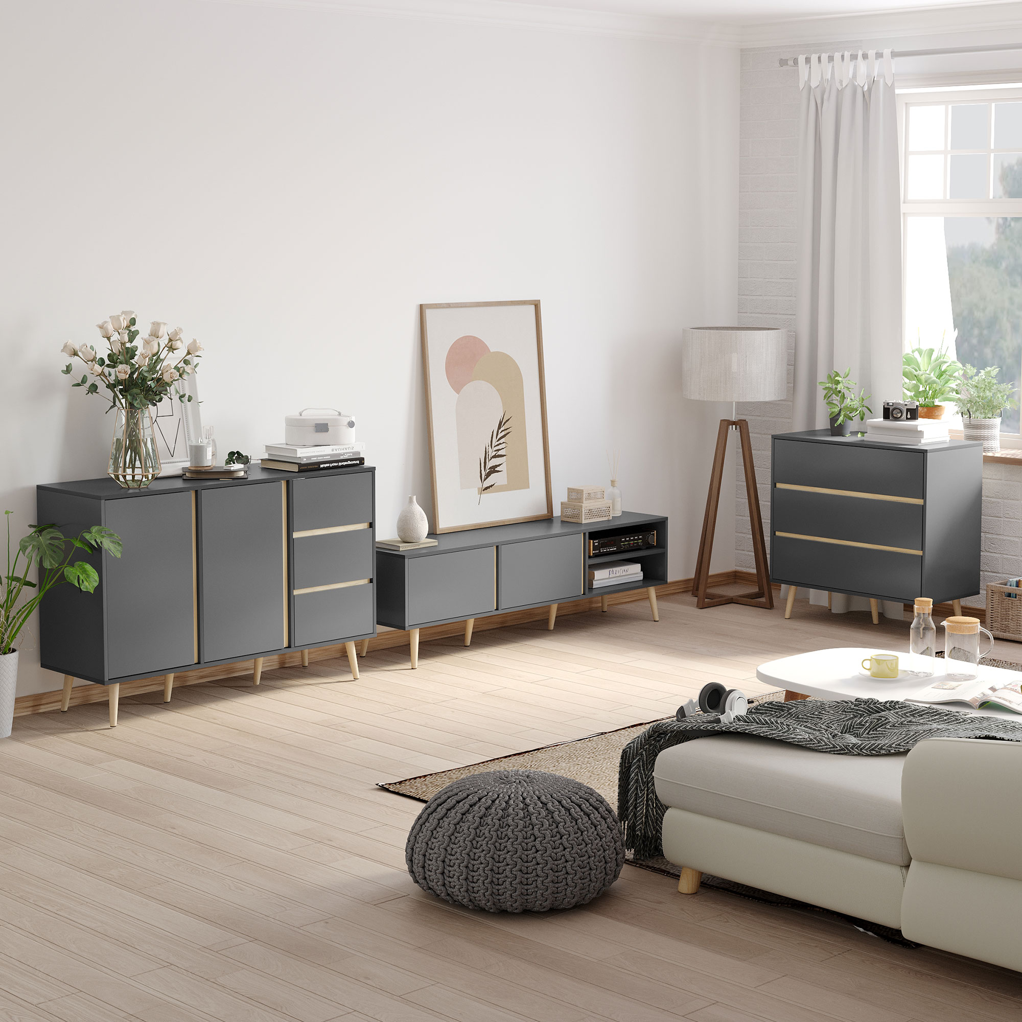 Homcom Buffet basso mobile portaoggetti su piedi stile scandinavo 2 ante 3 cassetti 120 x 40 x 80 cm grigio antracite
