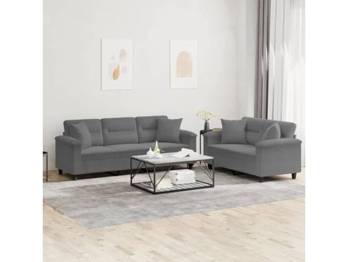 HEFZGDB 2-TLG. Sofagarnitur mit Kissen Dunkelgrau Mikrofasergewebe Langlebiges Polstermöbel für Wohnzimmer Robustes Gestell Bequemes Sitzerlebnis Praktische Couchkissen Stabiles Sofa