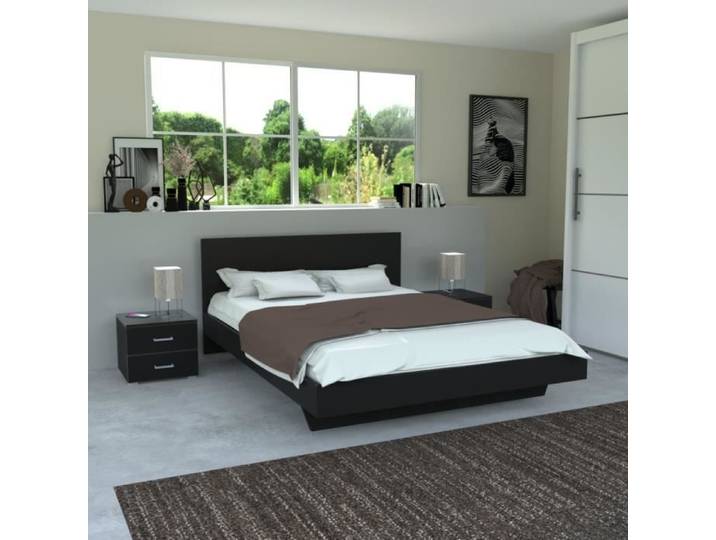 Lit LOFT 160x200 + 2 chevets + sommier + tête de lit / Noir