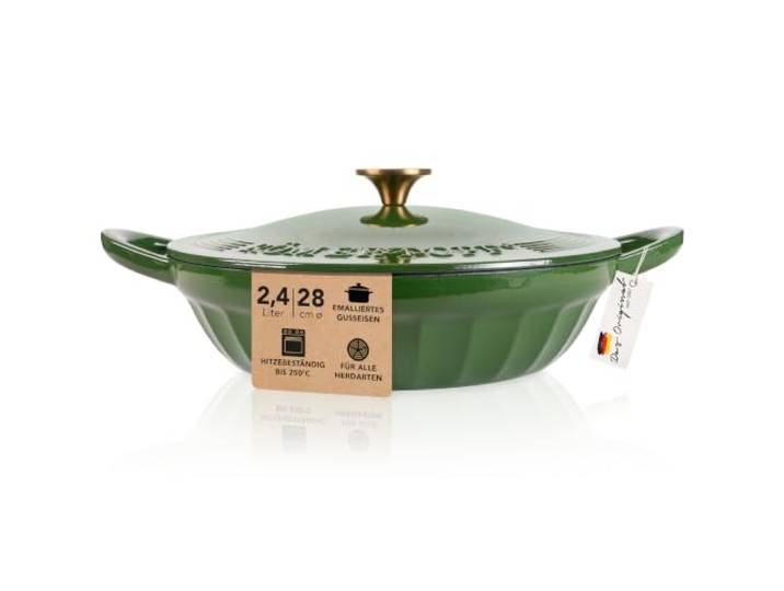 Römertopf Schmorpfanne Gusseisen 28 cm 2,4 L mit Deckel, Tiefgrün Sautépfanne zum Anbraten und Schmoren, alle Herdarten inklusive Induktion, ofenfest 250 °C, PFAS-frei