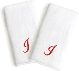 Authentic Hotel and Spa 2-piece White Turkish Cotton Hand Towels with Holiday Red Script Monogrammed Initial